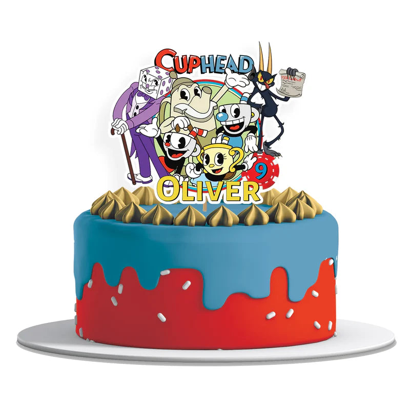CUPHEAD personalized cake toppers with vintage cartoon characters and bold colors, cardstock toppers on white background