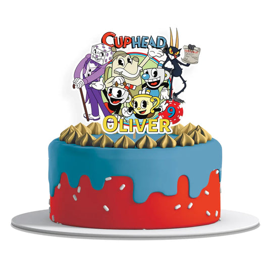 CUPHEAD personalized cake toppers with vintage cartoon characters and bold colors, cardstock toppers on white background