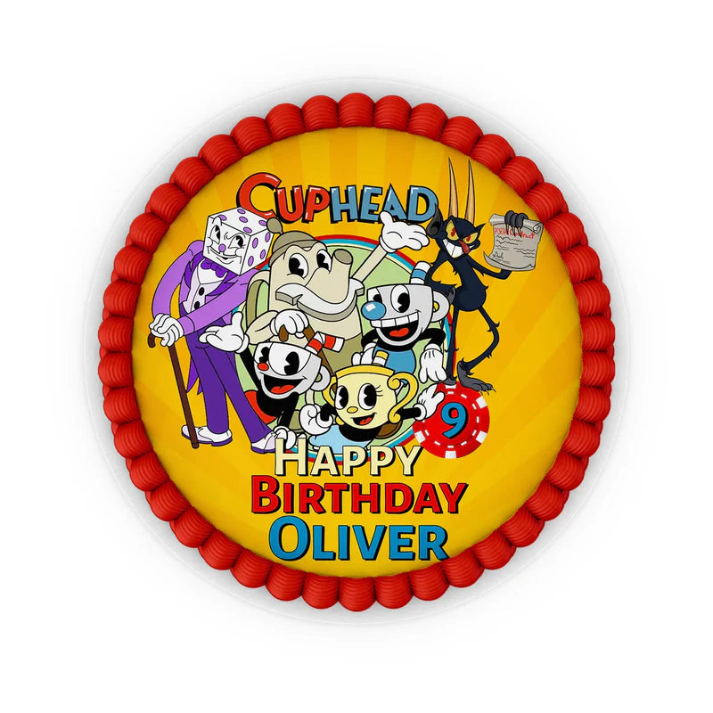 CUPHEAD personalized edible icing cake images with retro cartoon graphics and bold tones, frosting sheets on white background