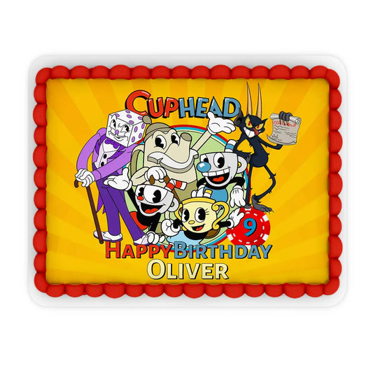 CUPHEAD personalized edible sheet cake images with vintage cartoon design and custom text, rectangular icing sheet on white background