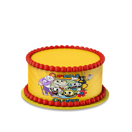 CUPHEAD personalized cake strips with retro cartoon pattern and bold colors, wrap style cake decoration on white background
