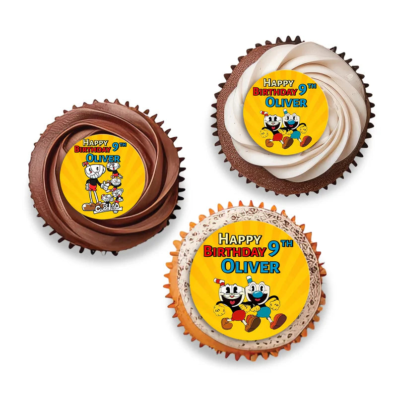 CUPHEAD personalized cupcake toppers with retro cartoon icons and bold colors, round toppers arranged on white background