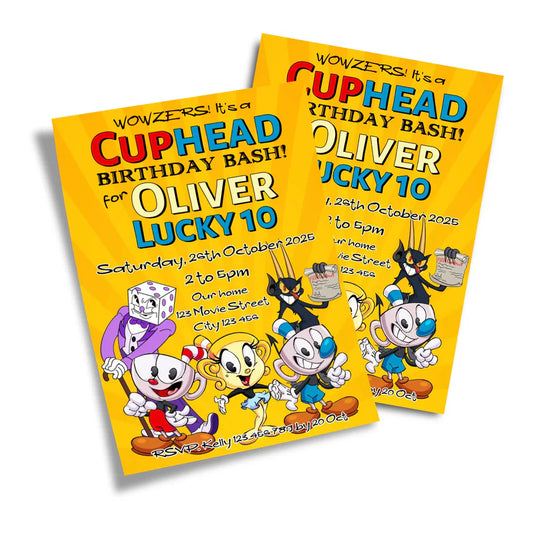 CUPHEAD personalized birthday card invitations with vintage cartoon theme and bold colors, flat lay card on white background