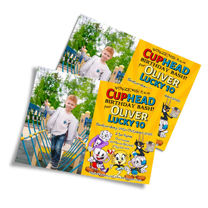 CUPHEAD personalized photo card invitations with retro cartoon design and photo space, displayed on white background