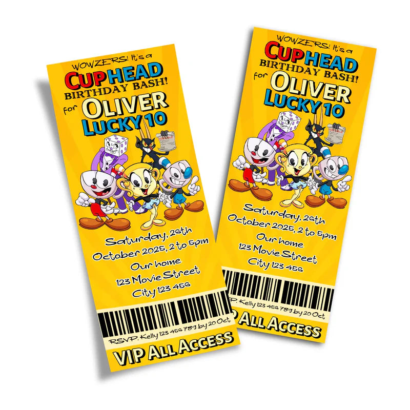 CUPHEAD personalized birthday ticket invitations with vintage cartoon graphics and bold layout, ticket style on white background