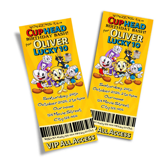 CUPHEAD personalized birthday ticket invitations with vintage cartoon graphics and bold layout, ticket style on white background