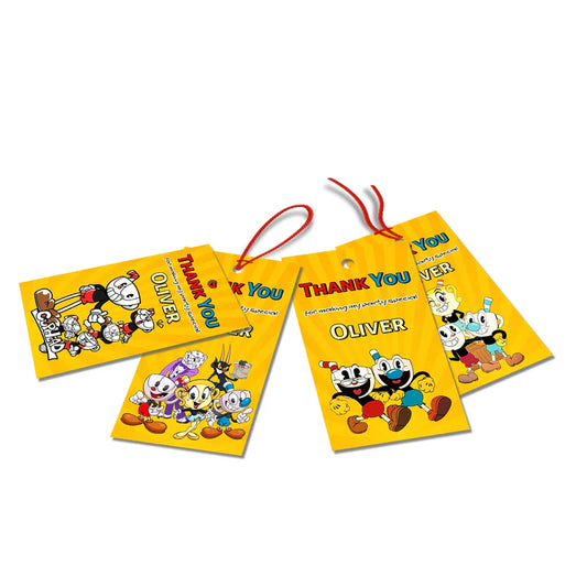 CUPHEAD thank you tags with vintage cartoon graphics and bold colors, favor tags arranged on white background