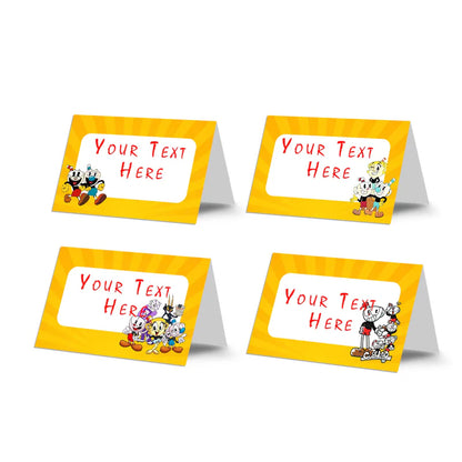 CUPHEAD food cards with retro cartoon theme and bold colors, tent style table cards on white background