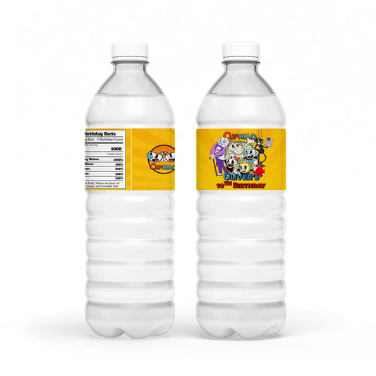 CUPHEAD water bottle label with vintage cartoon pattern and bold tones, wrap label displayed on white background