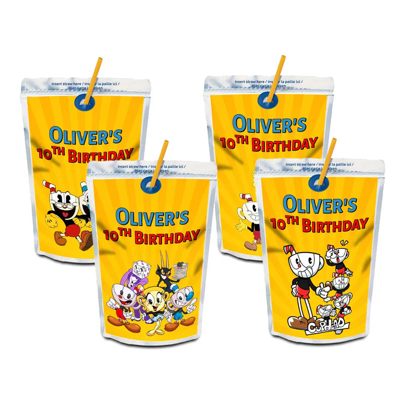CUPHEAD juice pouch label with retro cartoon graphics and bold colors, rectangular label on white background