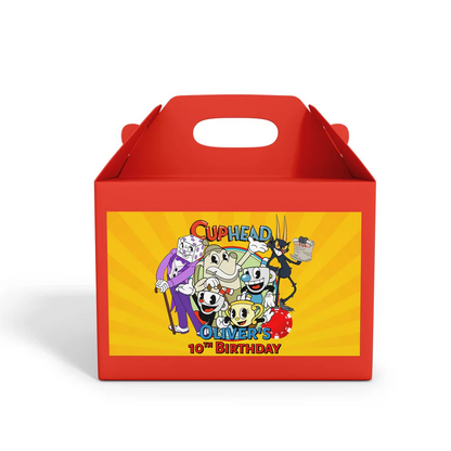 CUPHEAD treat box label with vintage cartoon design and bold colors, printable label on white background