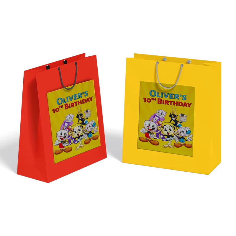 CUPHEAD goodie bag label with retro cartoon graphics and bold tones, favor bag label on white background
