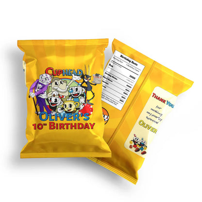 CUPHEAD chips bag label with retro cartoon pattern and bold tones, snack bag label on white background