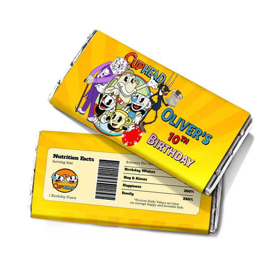 CUPHEAD chocolate label with vintage cartoon graphics and bold colors, candy bar wrapper on white background