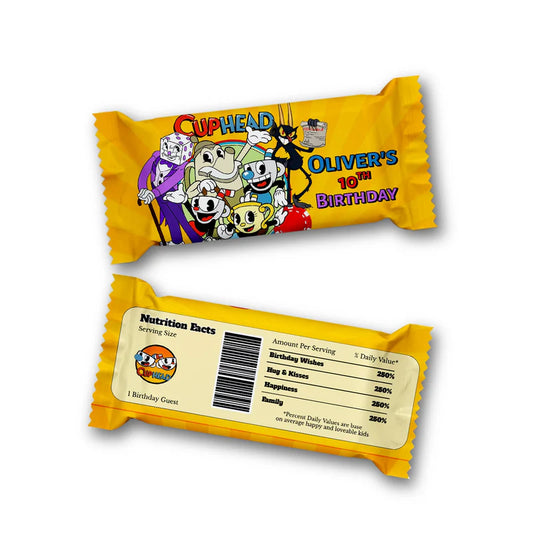CUPHEAD Rice Krispies treats and candy bar labels with retro cartoon theme, flat lay on white background
