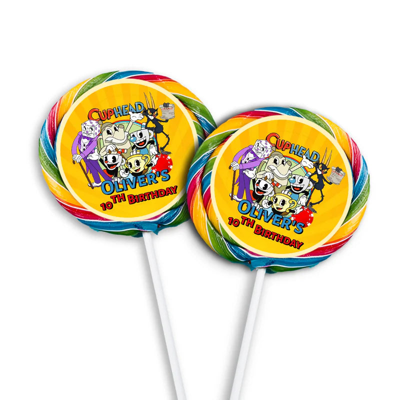 CUPHEAD lollipop label with vintage cartoon graphics and bold colors, round candy label on white background