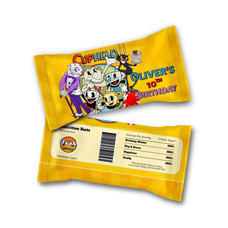 CUPHEAD Skittles label with retro cartoon pattern and bold tones, candy wrap label on white background