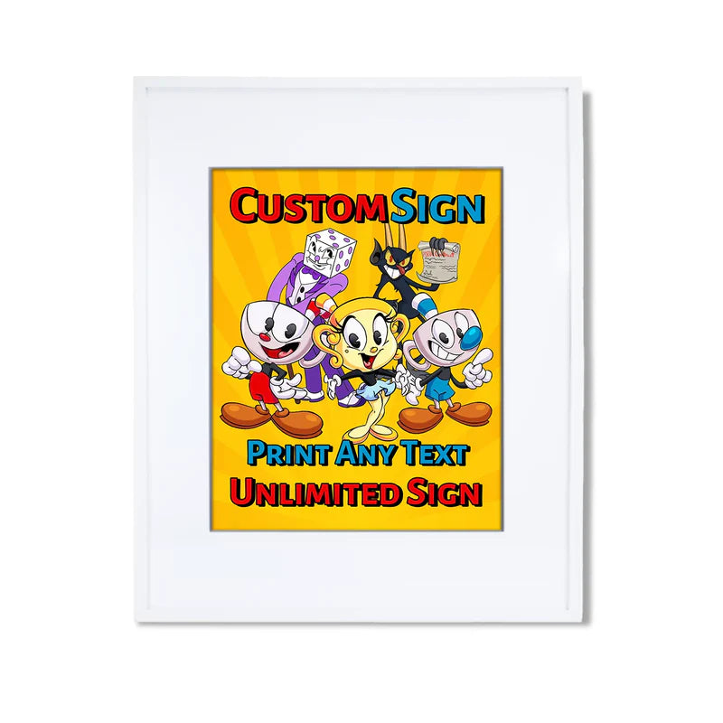 CUPHEAD custom sign with vintage cartoon graphics and bold colors, rectangular sign on white background
