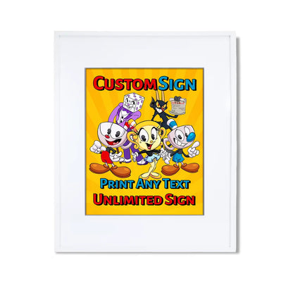 CUPHEAD custom sign with vintage cartoon graphics and bold colors, rectangular sign on white background