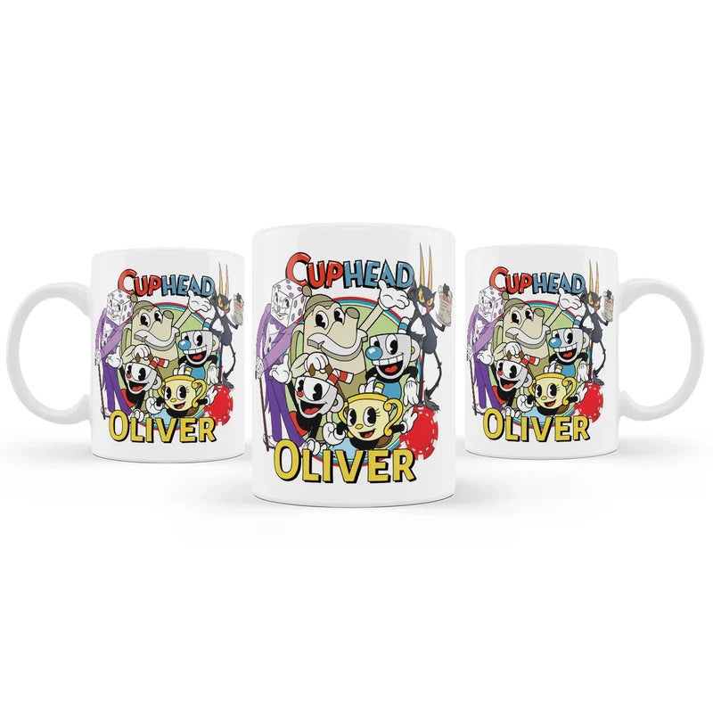 CUPHEAD sublimation mug with retro cartoon graphics and bold colors, ceramic mug on white background