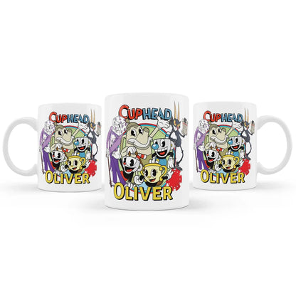 CUPHEAD sublimation mug with retro cartoon graphics and bold colors, ceramic mug on white background