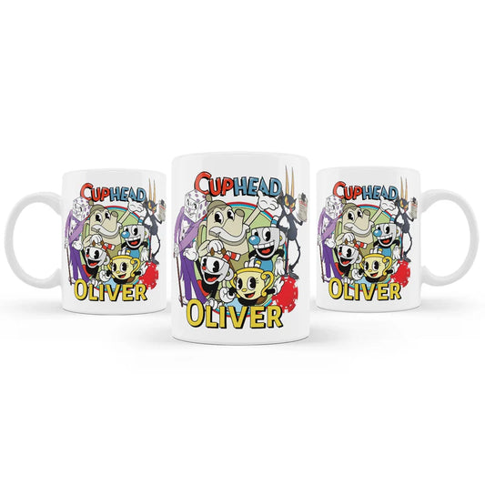 CUPHEAD sublimation mug with retro cartoon graphics and bold colors, ceramic mug on white background