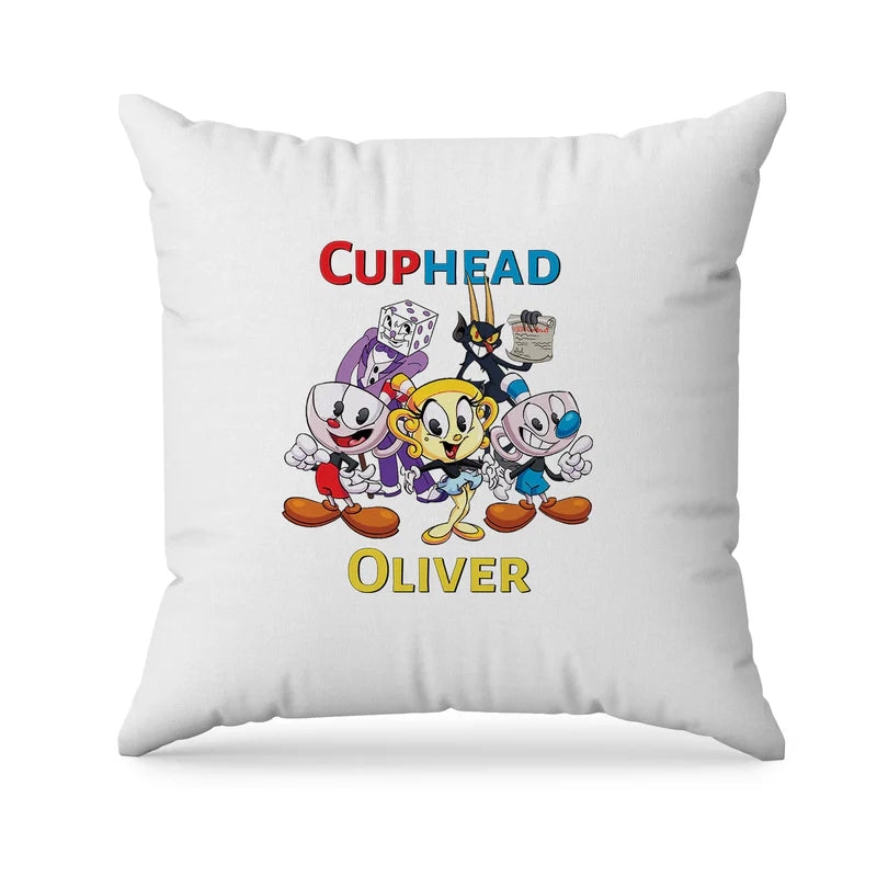 CUPHEAD sublimation pillowcase with vintage cartoon pattern and bold tones, fabric pillowcase on white background