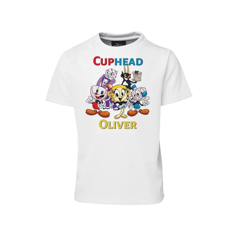 CUPHEAD sublimation t-shirt with retro cartoon graphic and bold colors, shirt flat lay on white background