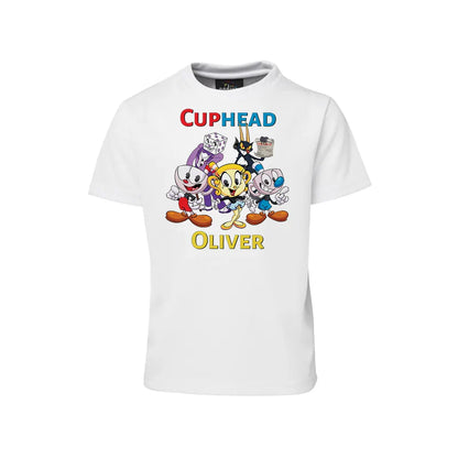 CUPHEAD sublimation t-shirt with retro cartoon graphic and bold colors, shirt flat lay on white background