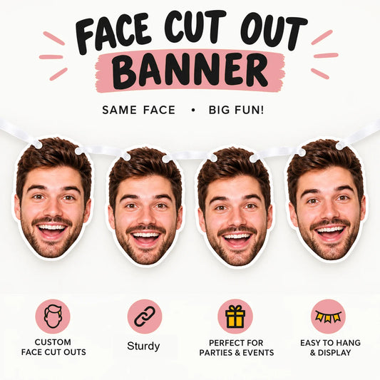A string of custom party bunting hanging on a wall, featuring repeated photo cut outs of a smiling man's face