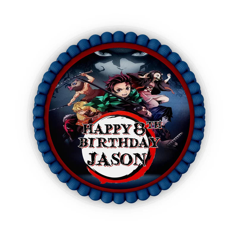 Demon Slayer icing sheet cake image with bold anime design and vibrant colors