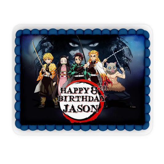 Demon Slayer icing cake topper with custom anime design flat lay style