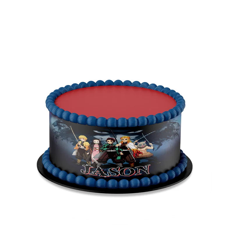 Demon Slayer cake strip image with anime characters and red-black theme flat lay