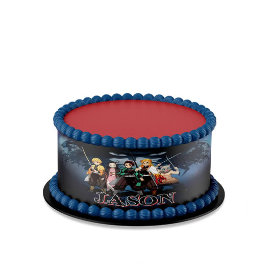 Demon Slayer cake strip image with anime characters and red-black theme flat lay