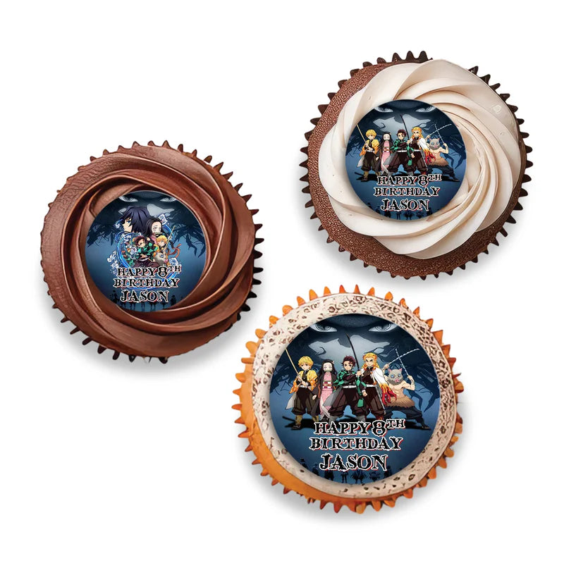 Demon Slayer cupcake toppers with anime characters and colorful design flat lay