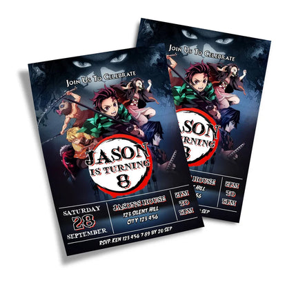 Demon Slayer birthday invitations with anime theme on white background