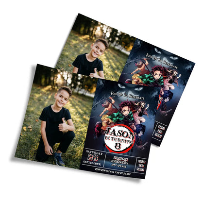 Demon Slayer photo card invitations with anime character designs flat lay