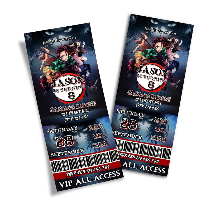 Demon Slayer ticket invitations with anime theme and bold red accents
