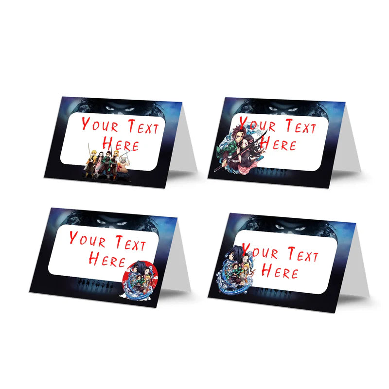 Demon Slayer food cards with anime theme on white table flat lay