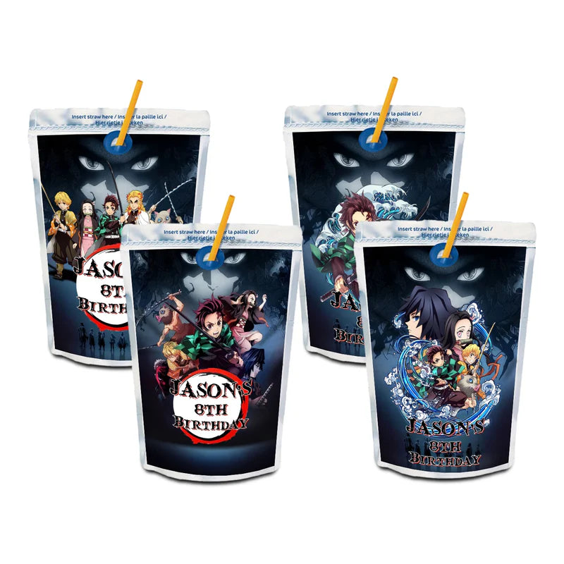 Demon Slayer juice pouch label with anime characters and bright design