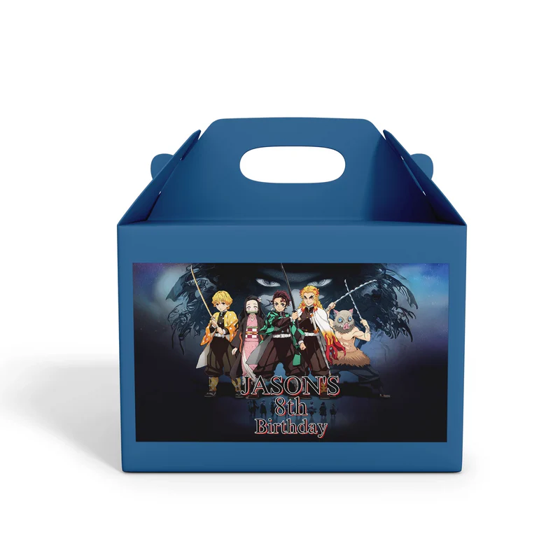 Demon Slayer treat box label with anime illustrations on white background