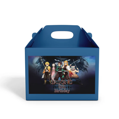 Demon Slayer treat box label with anime illustrations on white background