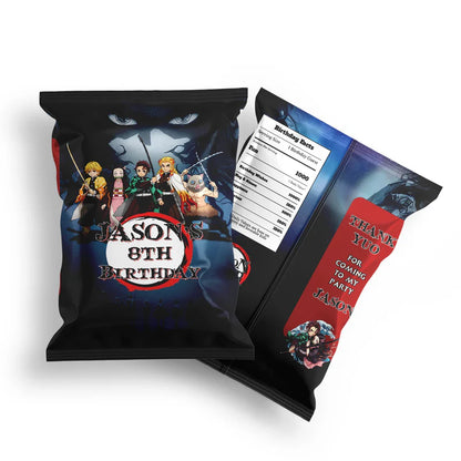 Demon Slayer chips bag label with anime heroes in action pose flat lay
