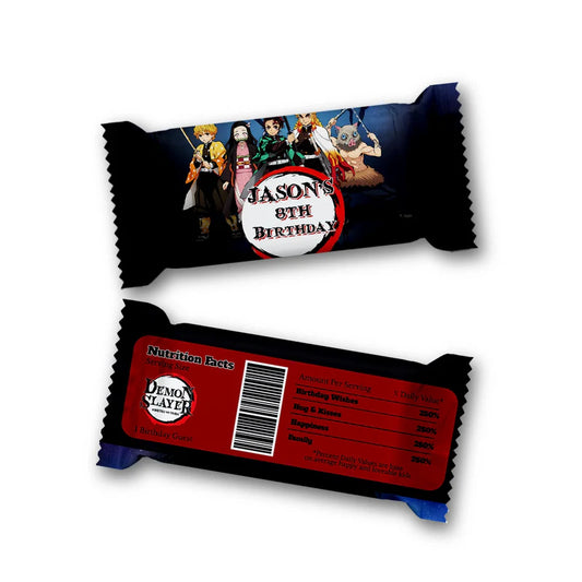 Demon Slayer candy bar and Krispies label with anime design flat lay