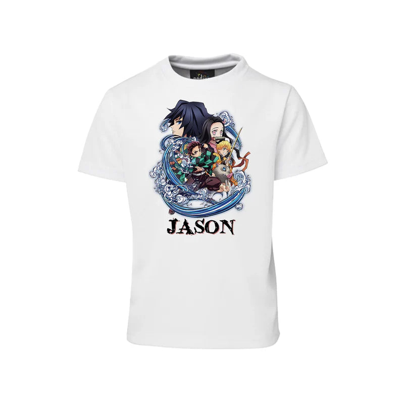 Demon Slayer T-shirt with anime design printed on white cotton flat lay
