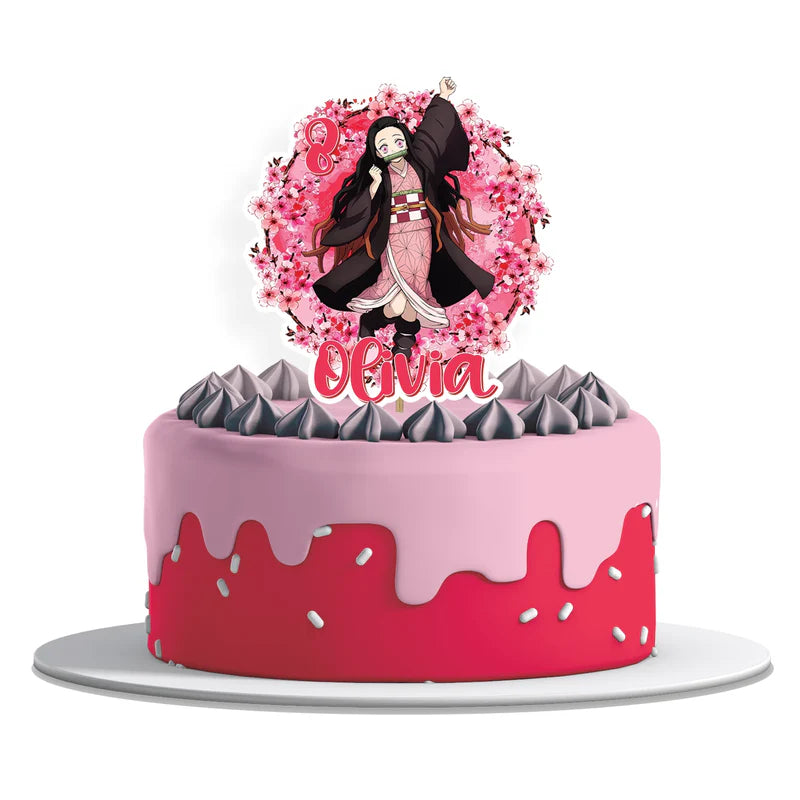 Nezuko Kamado cake topper featuring a name and age cutout next to an anime graphic