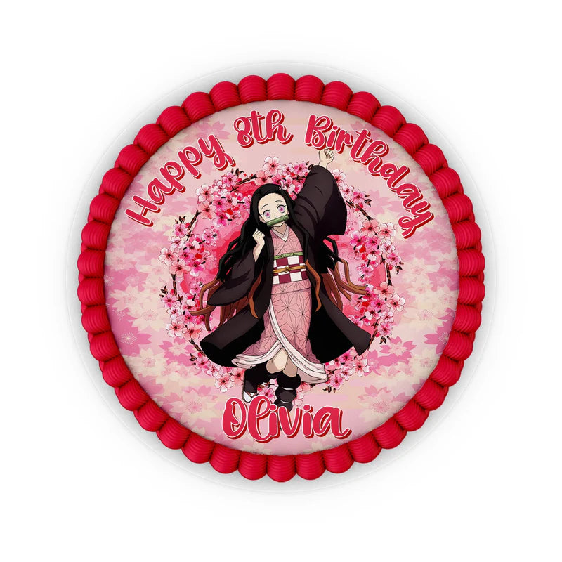 Demon Slayer Nezuko edible icing cake image with a pink background displayed on a round frosted cake