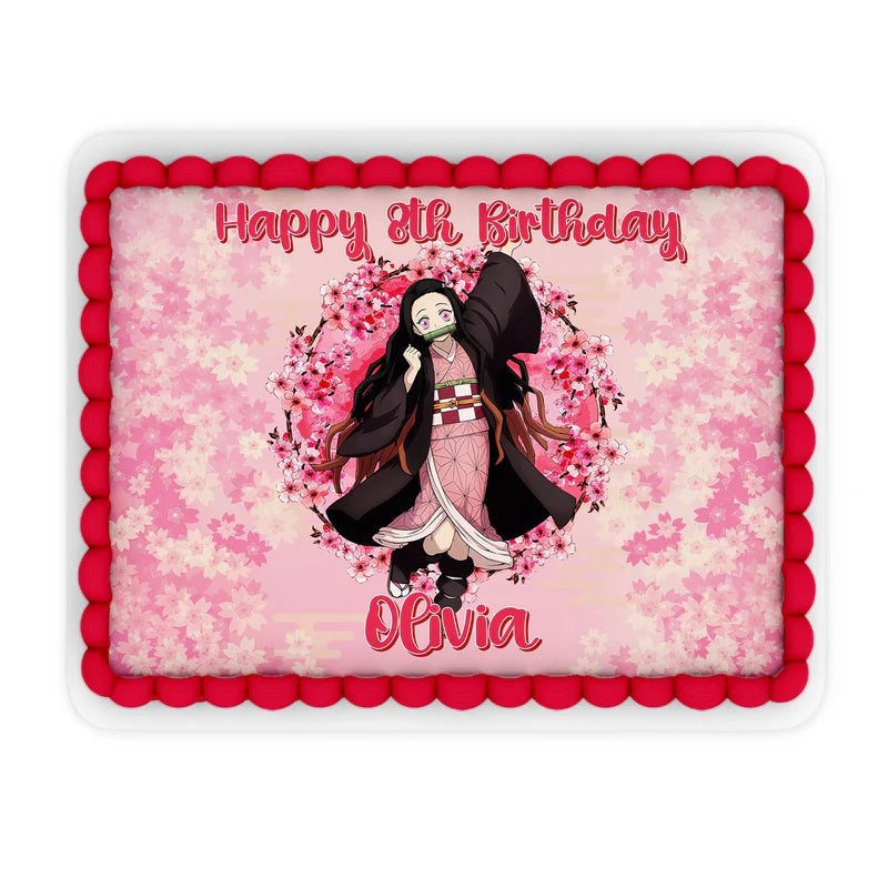 Demon Slayer Nezuko sheet cake image template showcasing a personalized happy birthday message on white icing