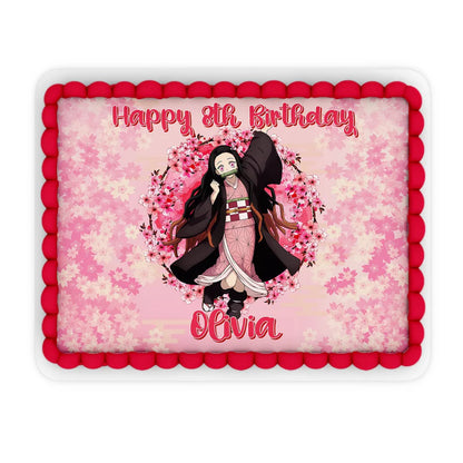 Demon Slayer Nezuko sheet cake image template showcasing a personalized happy birthday message on white icing