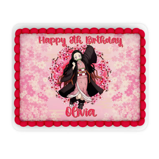 Demon Slayer Nezuko sheet cake image template showcasing a personalized happy birthday message on white icing